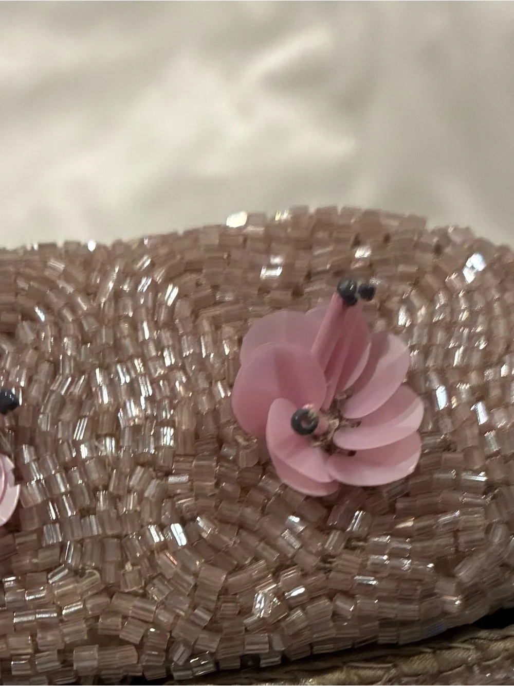 Beaded Floral Clutch Taupe/Pink Silver Chain Strap Snap Lined